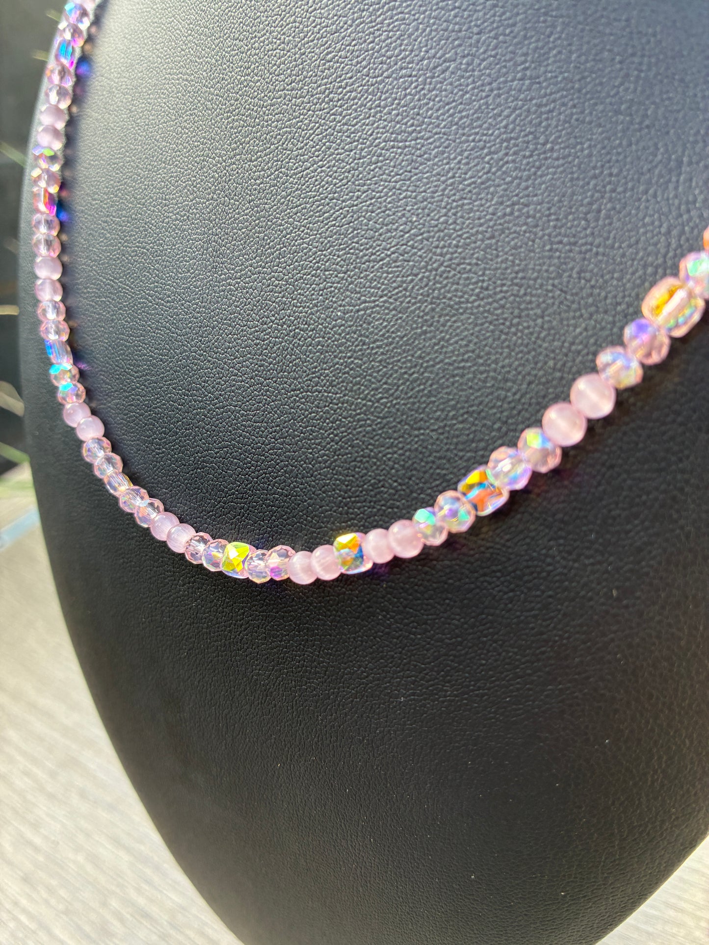 Pink Cat's Eye & Pink Beaded Choker Necklace, 20" with 2" Adjustable Chain