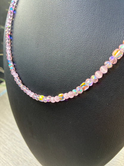 Pink Cat's Eye & Pink Beaded Choker Necklace, 20" with 2" Adjustable Chain