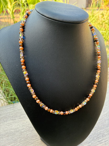 Tiger's Eye & Gold Beaded Choker Necklace 20", Adjustable 2" Chain