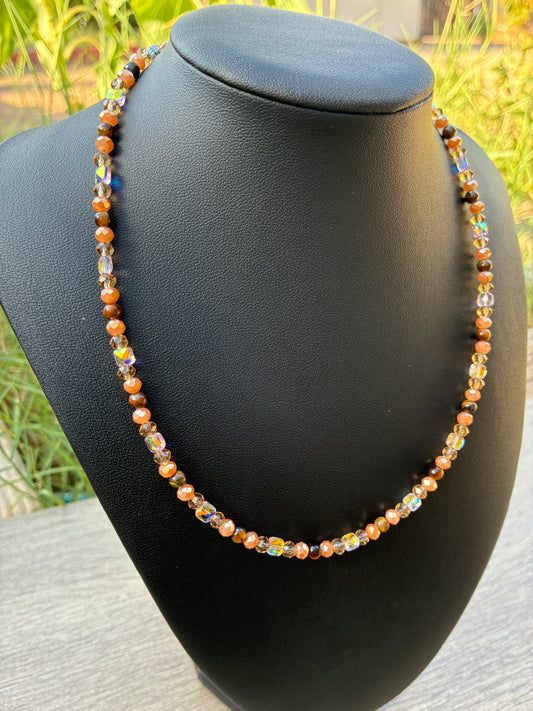 Tiger's Eye & Gold Beaded Choker Necklace 20", Adjustable 2" Chain