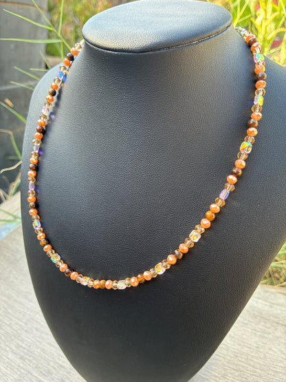 Tiger's Eye & Gold Beaded Choker Necklace 20", Adjustable 2" Chain