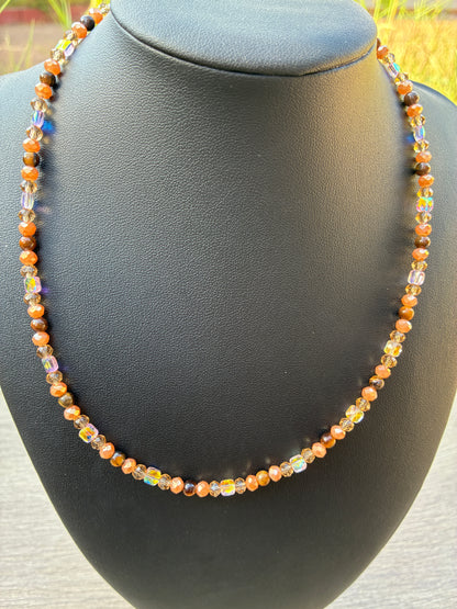 Tiger's Eye & Gold Beaded Choker Necklace 20", Adjustable 2" Chain
