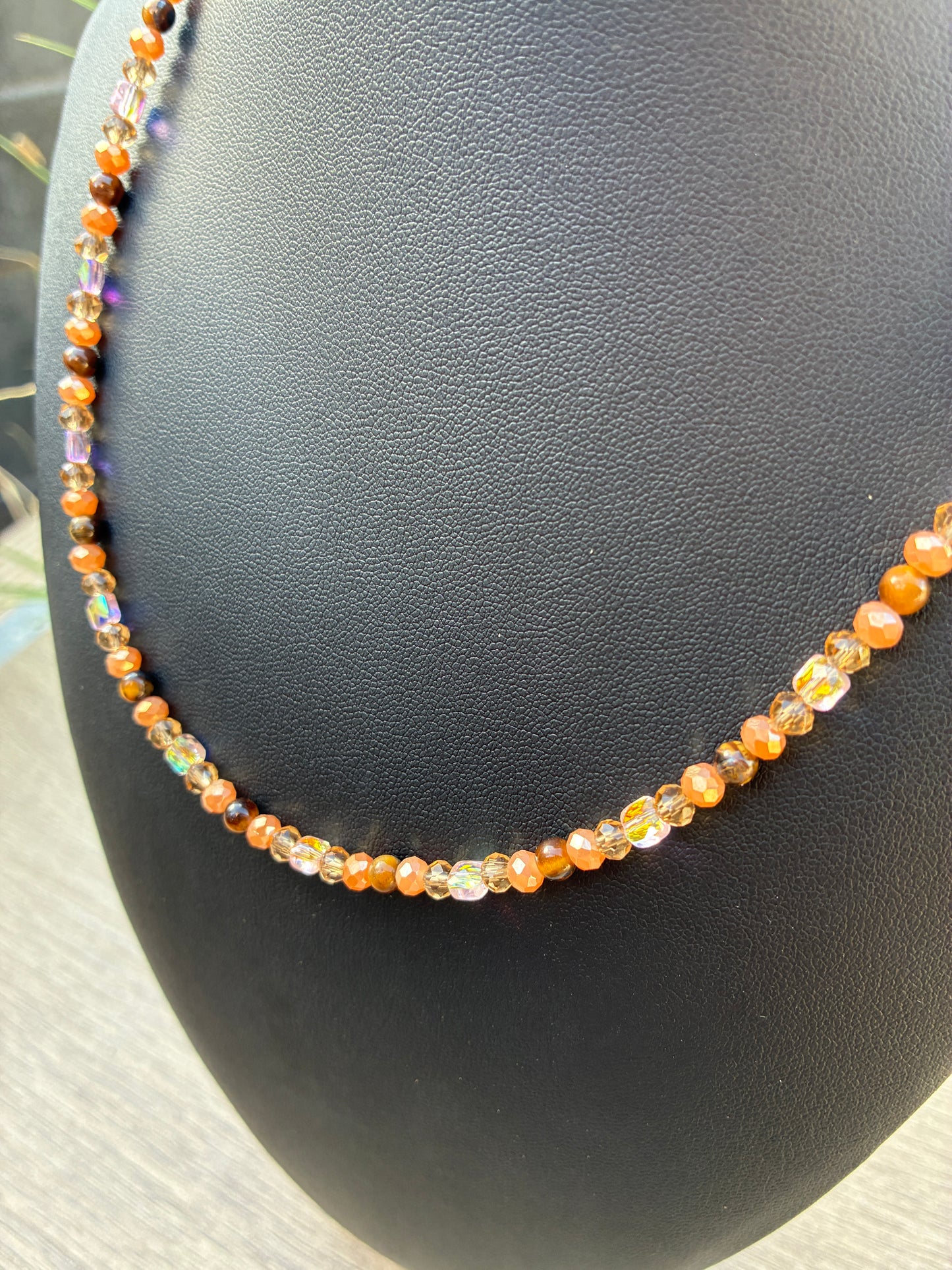Tiger's Eye & Gold Beaded Choker Necklace 20", Adjustable 2" Chain